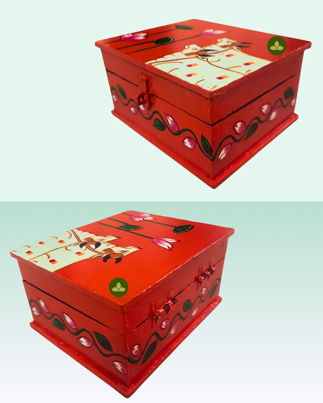 Hand Painted Two Cow Lotus Pichwai Art Wooden Orange Color Storage Box