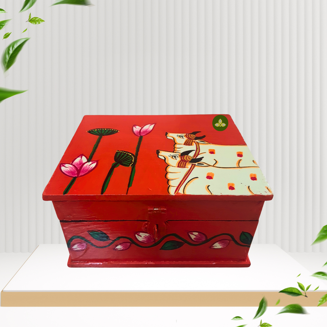 Hand Painted Two Cow Lotus Pichwai Art Wooden Orange Color Storage Box
