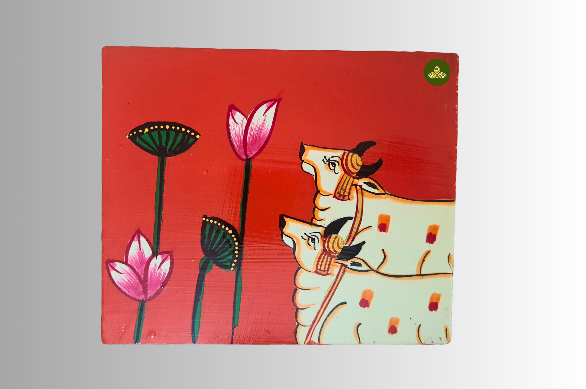 Hand Painted Two Cow Lotus Pichwai Art Wooden Orange Color Storage Box