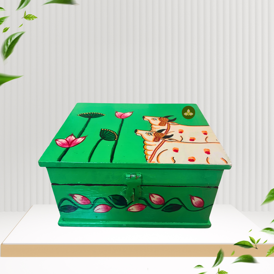 Hand Painted Two Cow Lotus Pichwai Art Wooden Green Color Storage Box