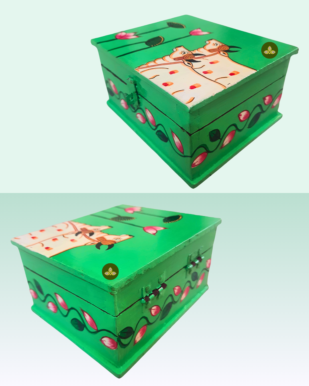 Hand Painted Two Cow Lotus Pichwai Art Wooden Green Color Storage Box
