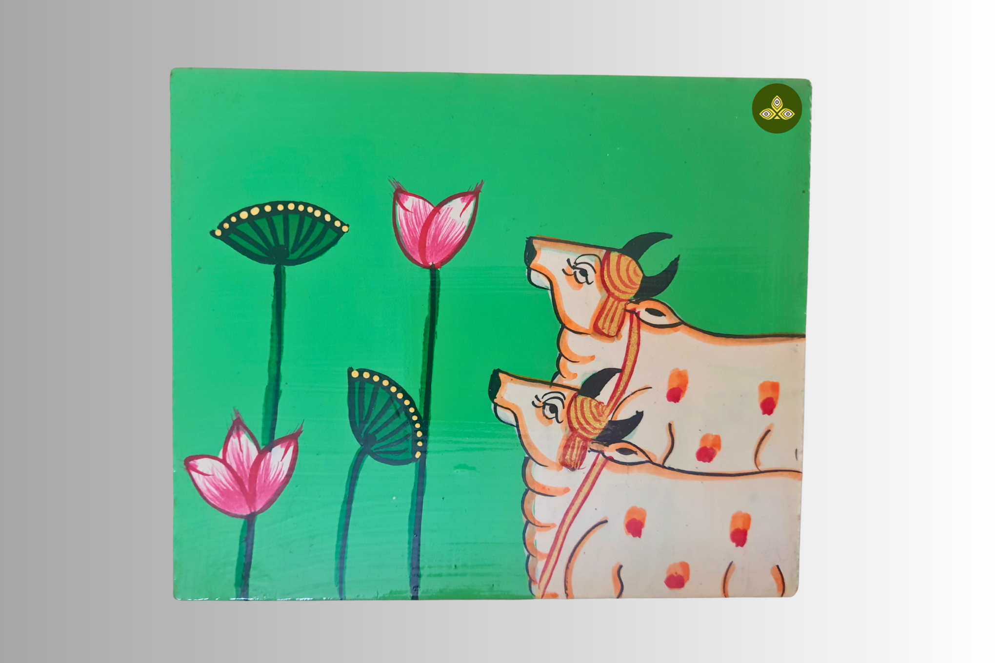 Hand Painted Two Cow Lotus Pichwai Art Wooden Green Color Storage Box