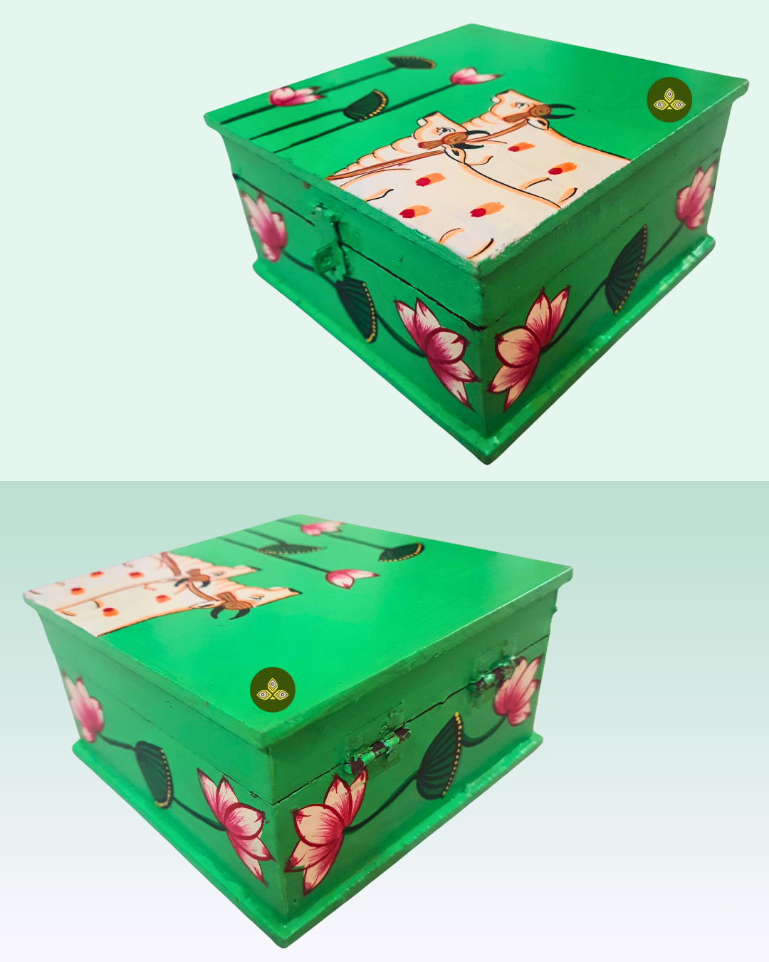 Hand Painted Square Two Cow Lotus Pichwai Art Wooden Green Color Storage Box
