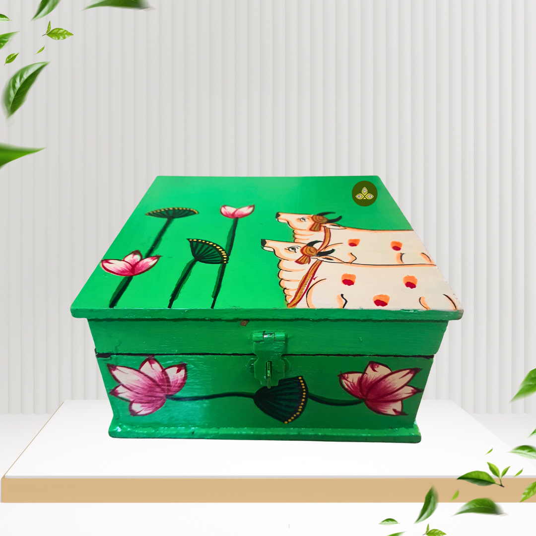 Hand Painted Square Two Cow Lotus Pichwai Art Wooden Green Color Storage Box