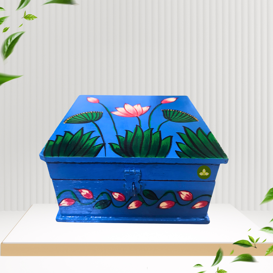 Hand Painted Square Lotus Pichwai Art Wooden Blue Color Storage Box