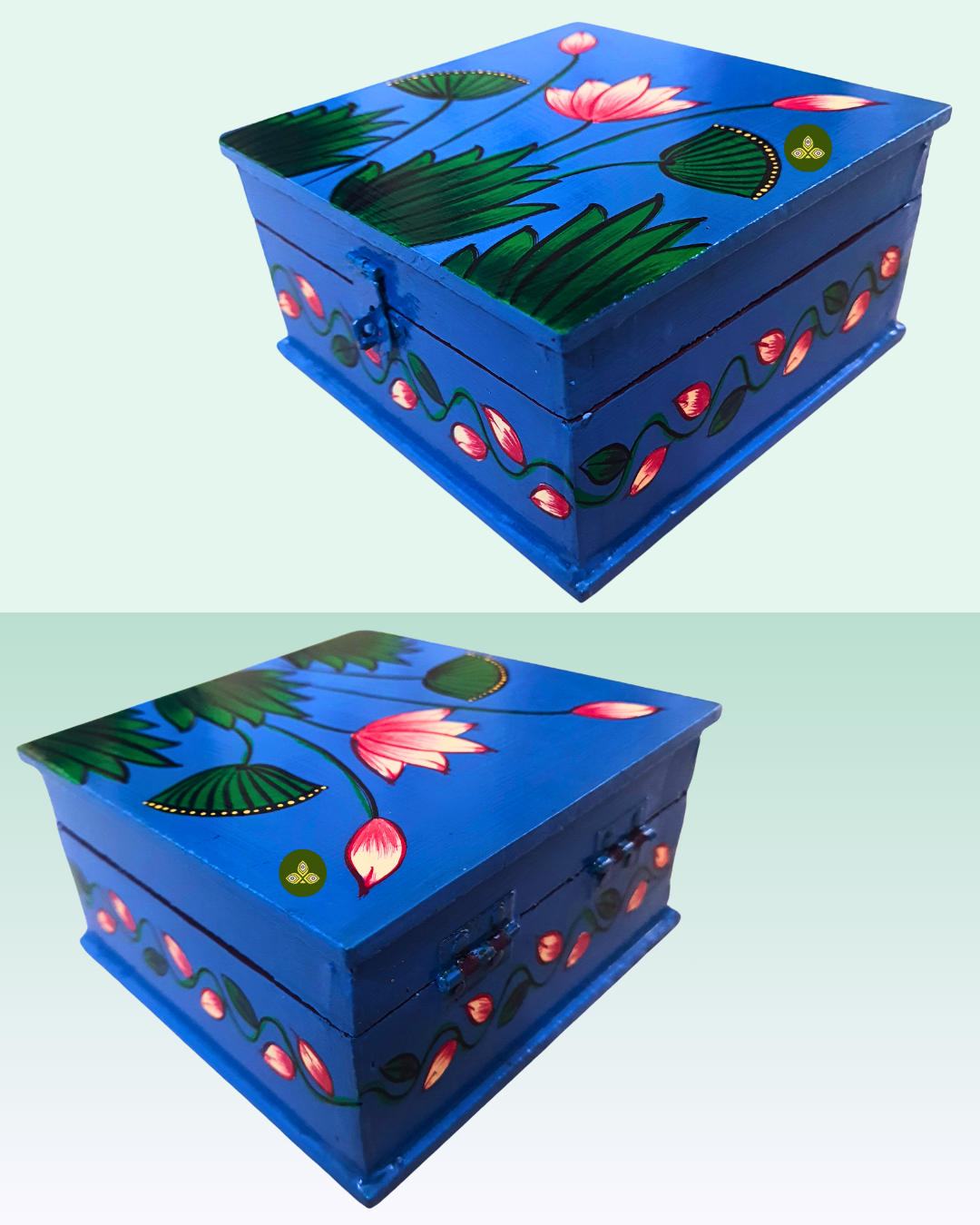 Hand Painted Square Lotus Pichwai Art Wooden Blue Color Storage Box