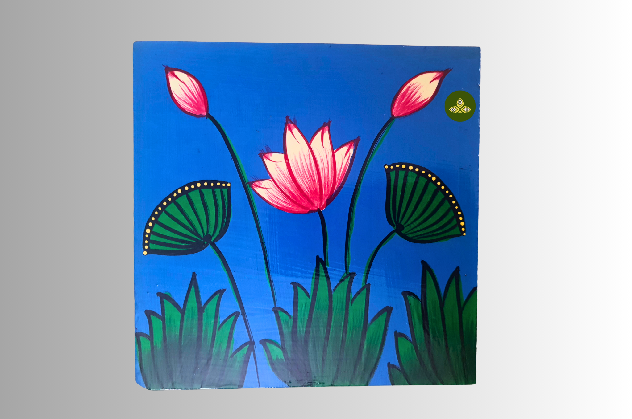 Hand Painted Square Lotus Pichwai Art Wooden Blue Color Storage Box
