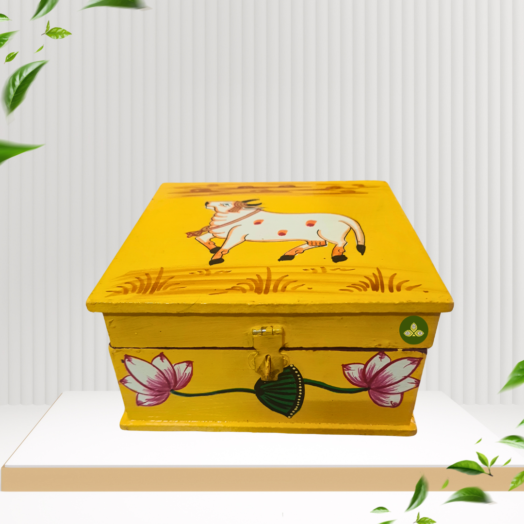 Hand Painted Square Single Cow Pichwai Art Wooden Yellow Color Storage Box