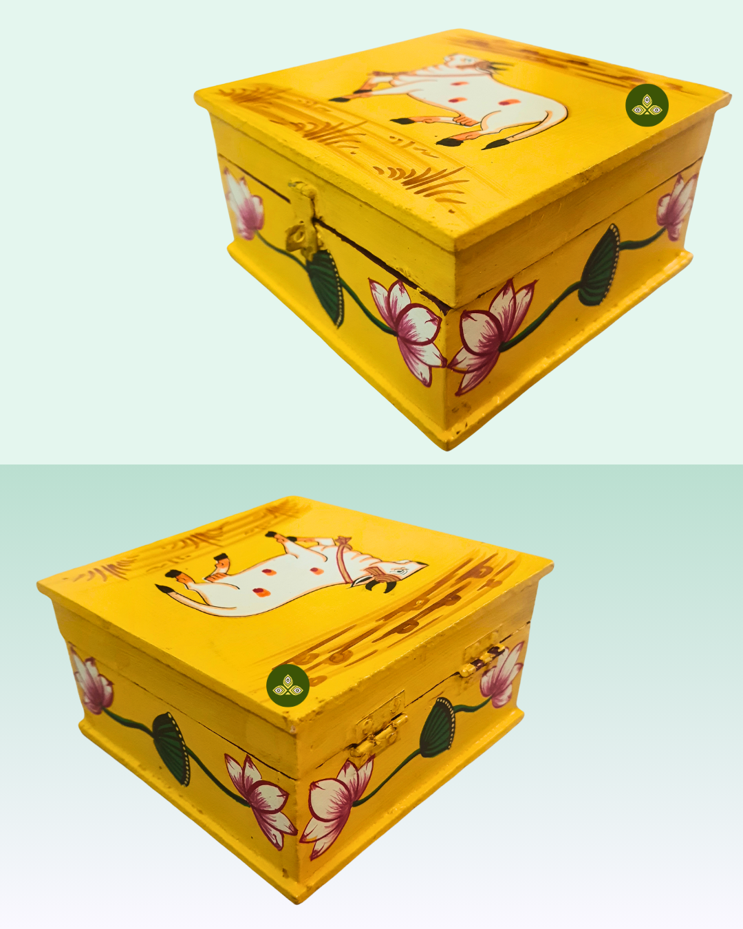 Hand Painted Square Single Cow Pichwai Art Wooden Yellow Color Storage Box