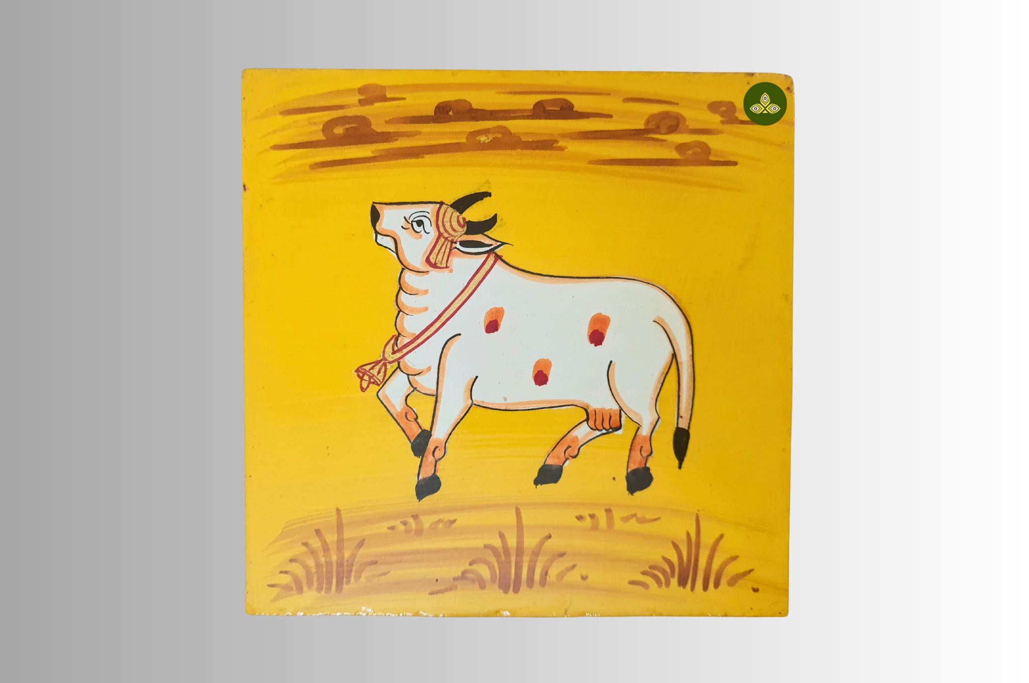Hand Painted Square Single Cow Pichwai Art Wooden Yellow Color Storage Box