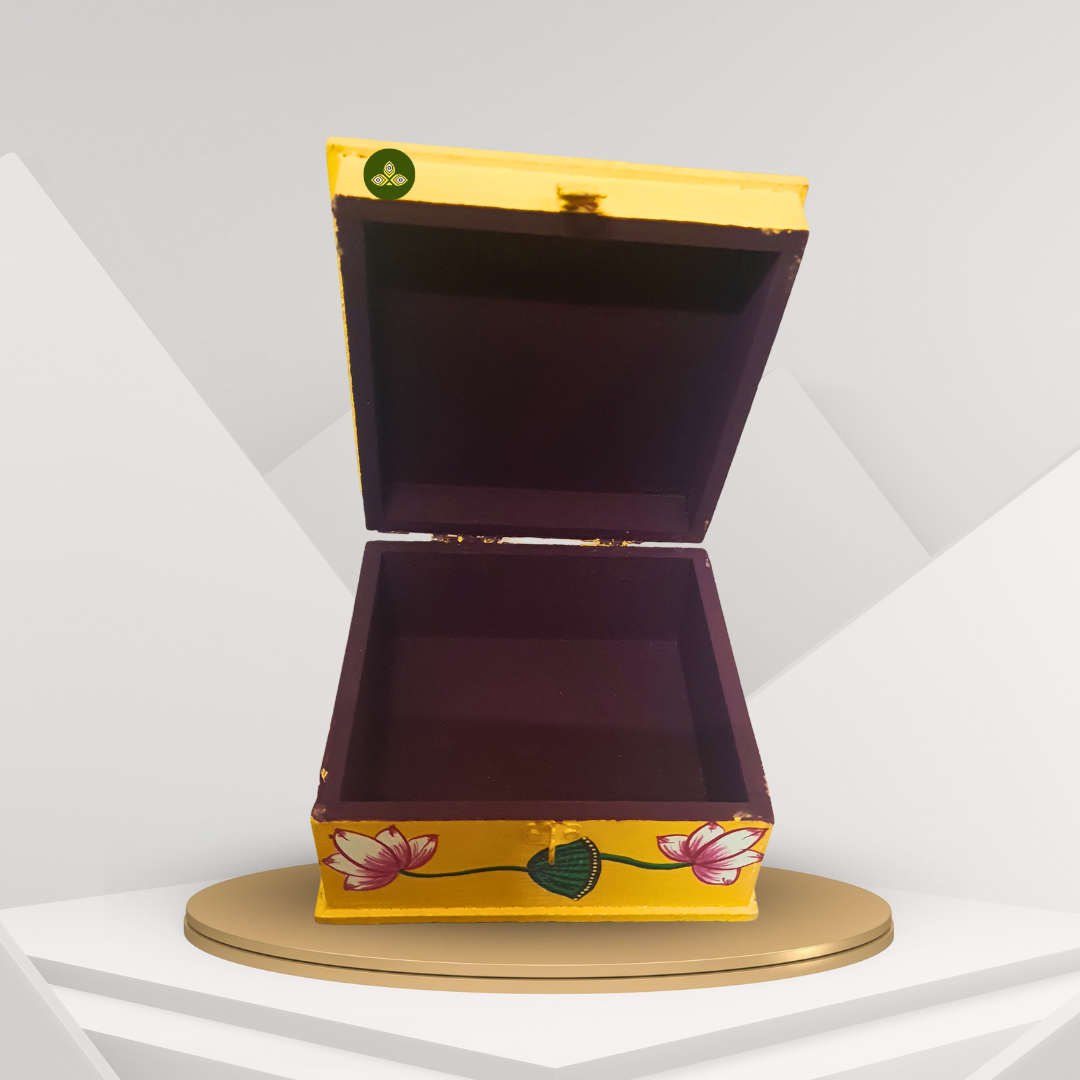 Hand Painted Square Single Cow Pichwai Art Wooden Yellow Color Storage Box
