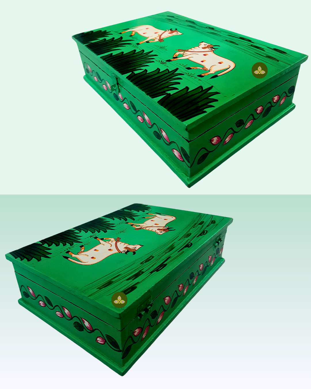 Hand Painted Rectangle Pichwai Art Wooden Green Color Storage Box