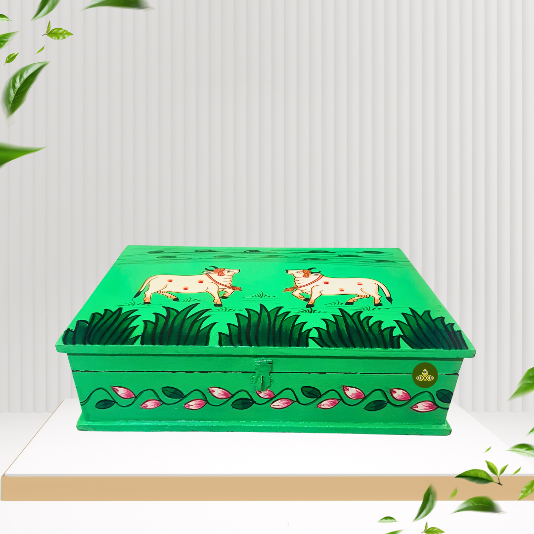 Hand Painted Rectangle Pichwai Art Wooden Green Color Storage Box