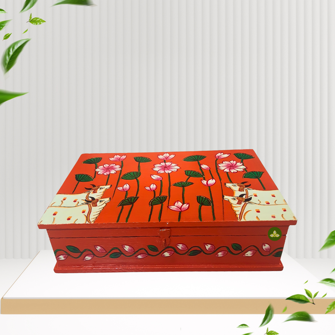 Hand Painted Rectangle Pichwai Art Wooden Orange Color Storage Box