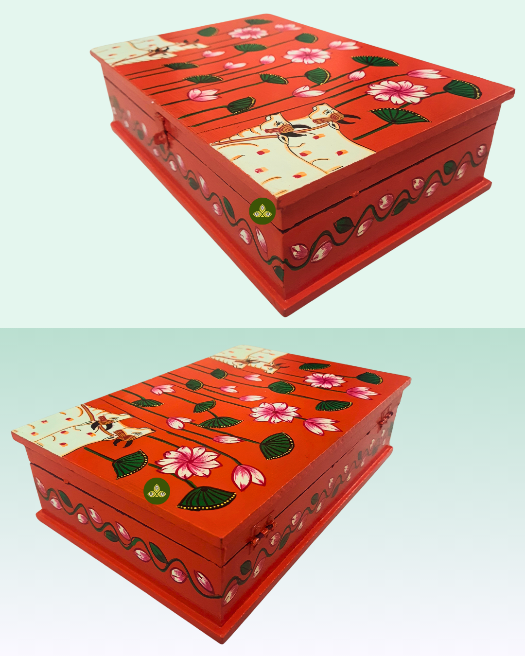 Hand Painted Rectangle Pichwai Art Wooden Orange Color Storage Box