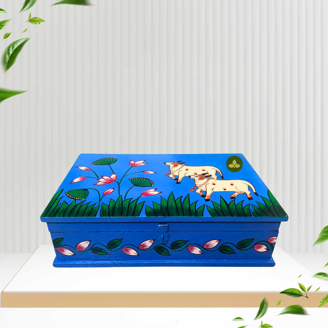 Hand Painted Rectangle Pichwai Art Wooden Blue Color Storage Box
