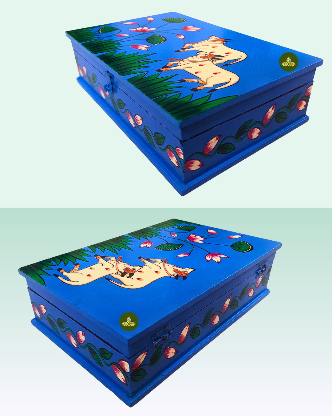 Hand Painted Rectangle Pichwai Art Wooden Blue Color Storage Box