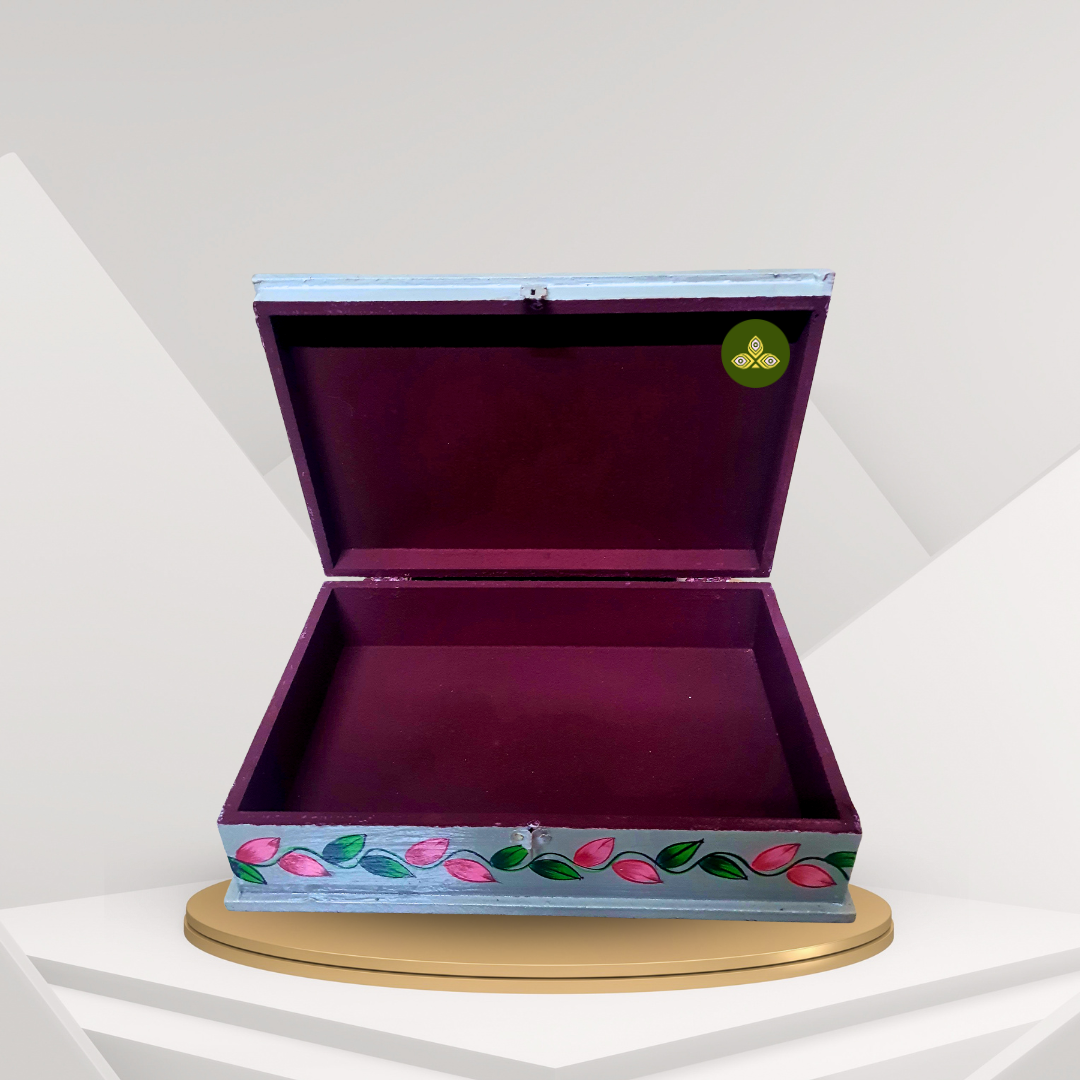 Hand Painted Rectangle Pichwai Art Wooden Blue Color Storage Box