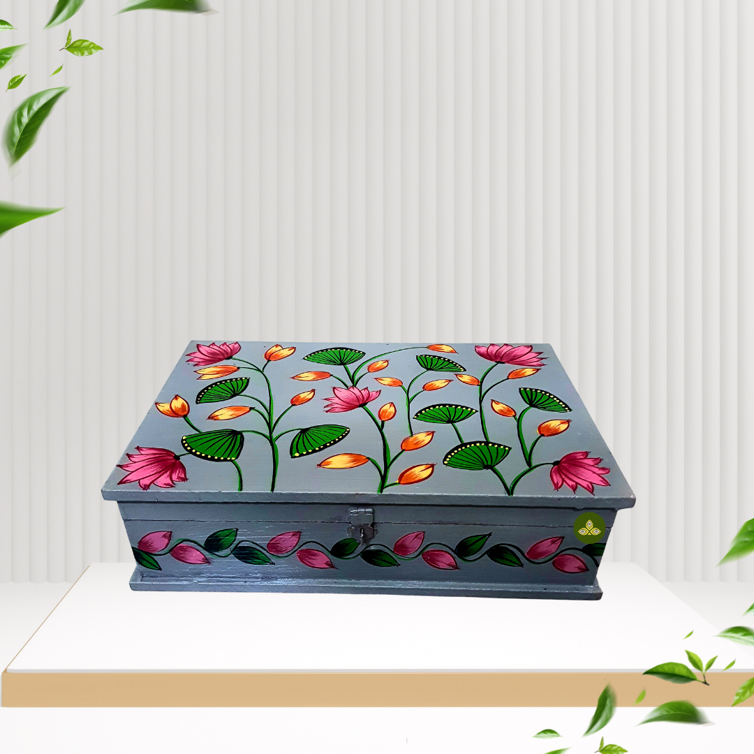 Hand Painted Rectangle Pichwai Art Wooden Grey Color Storage Box