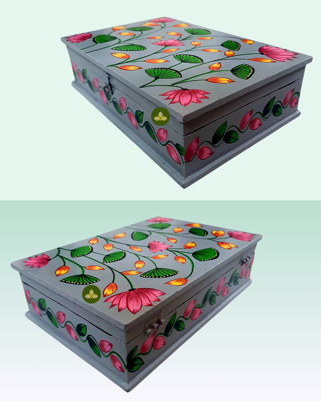 Hand Painted Rectangle Pichwai Art Wooden Grey Color Storage Box