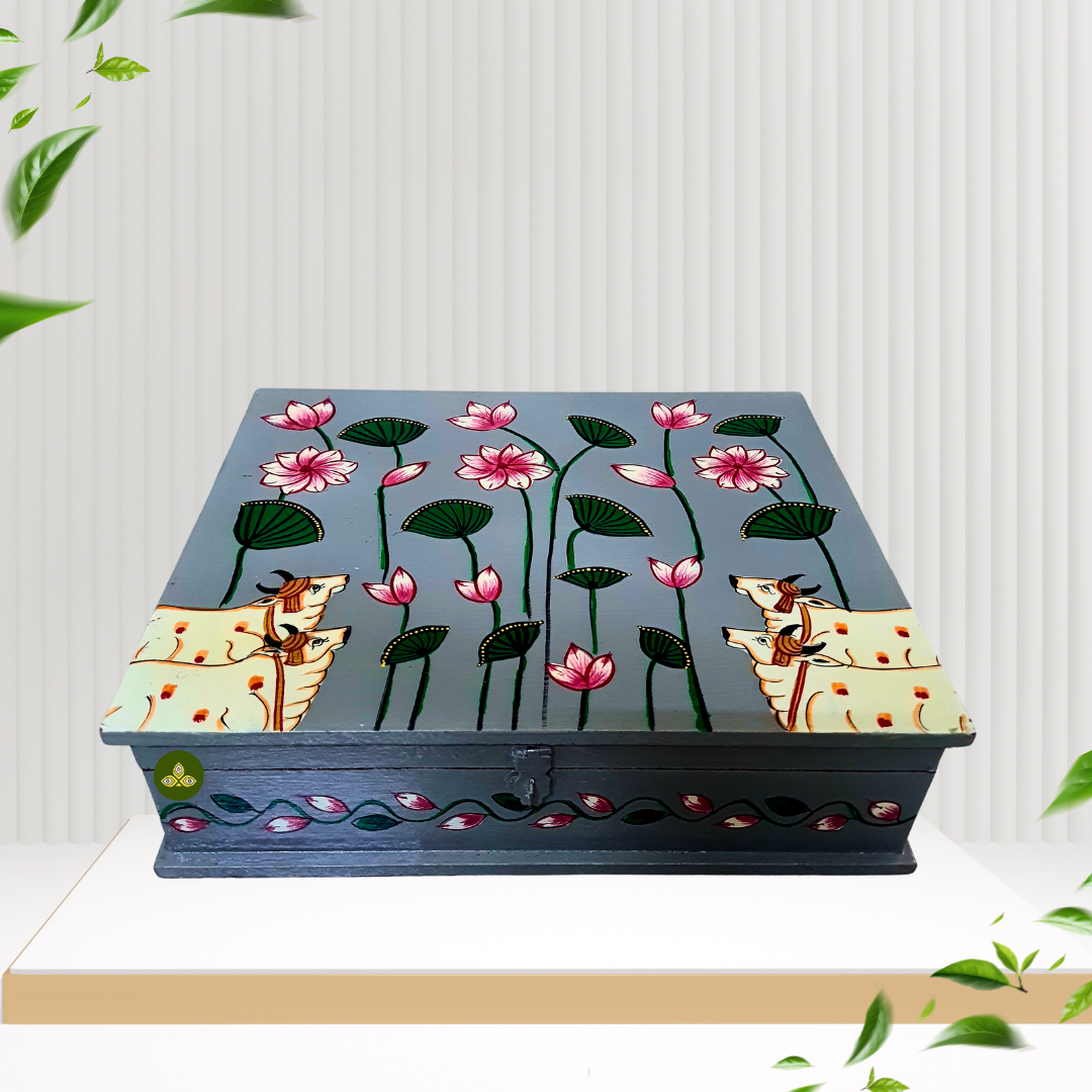 Hand Painted Rectangle Four Cow Lotus Pichwai Art Wooden Grey Color Storage Box