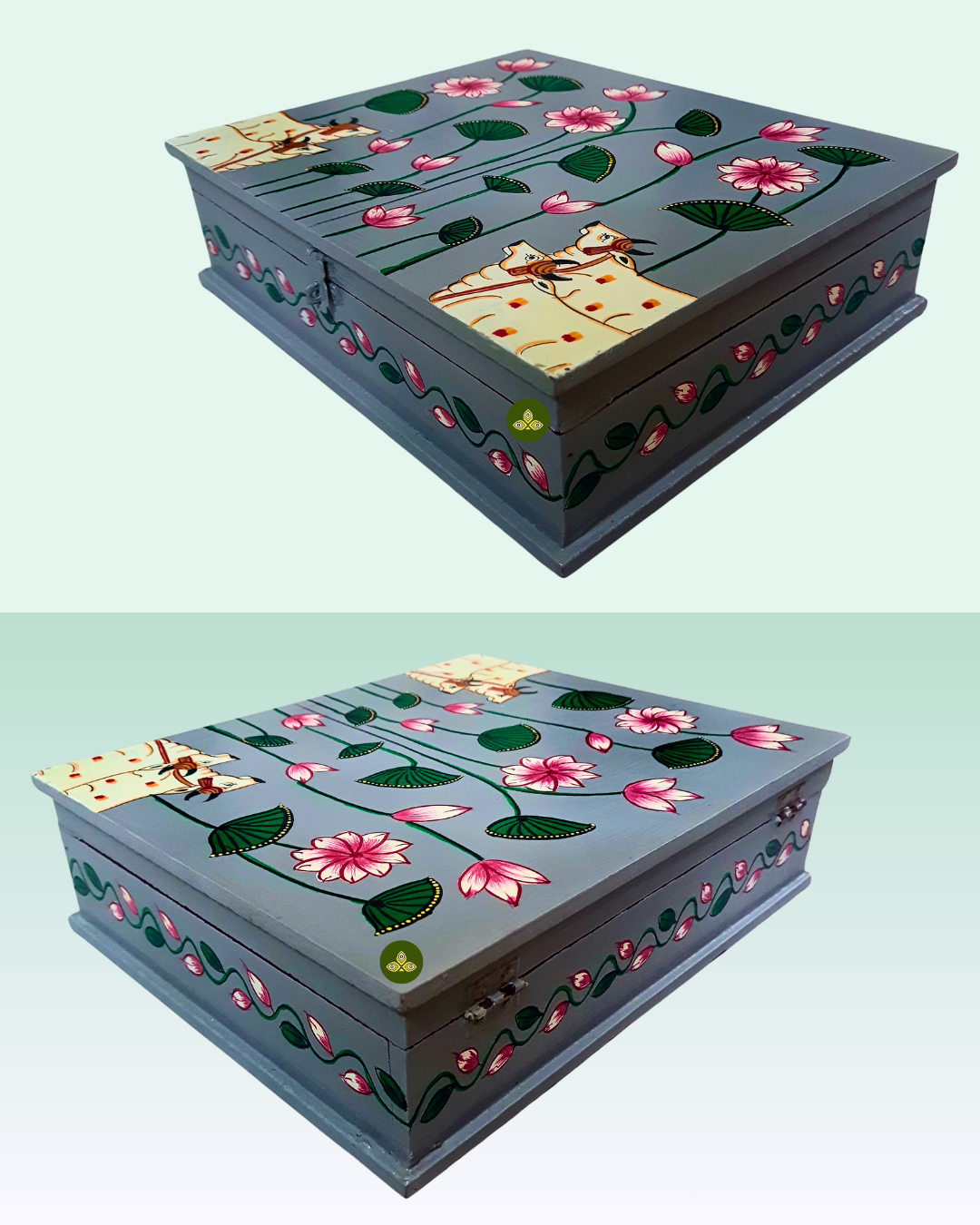 Hand Painted Rectangle Four Cow Lotus Pichwai Art Wooden Grey Color Storage Box