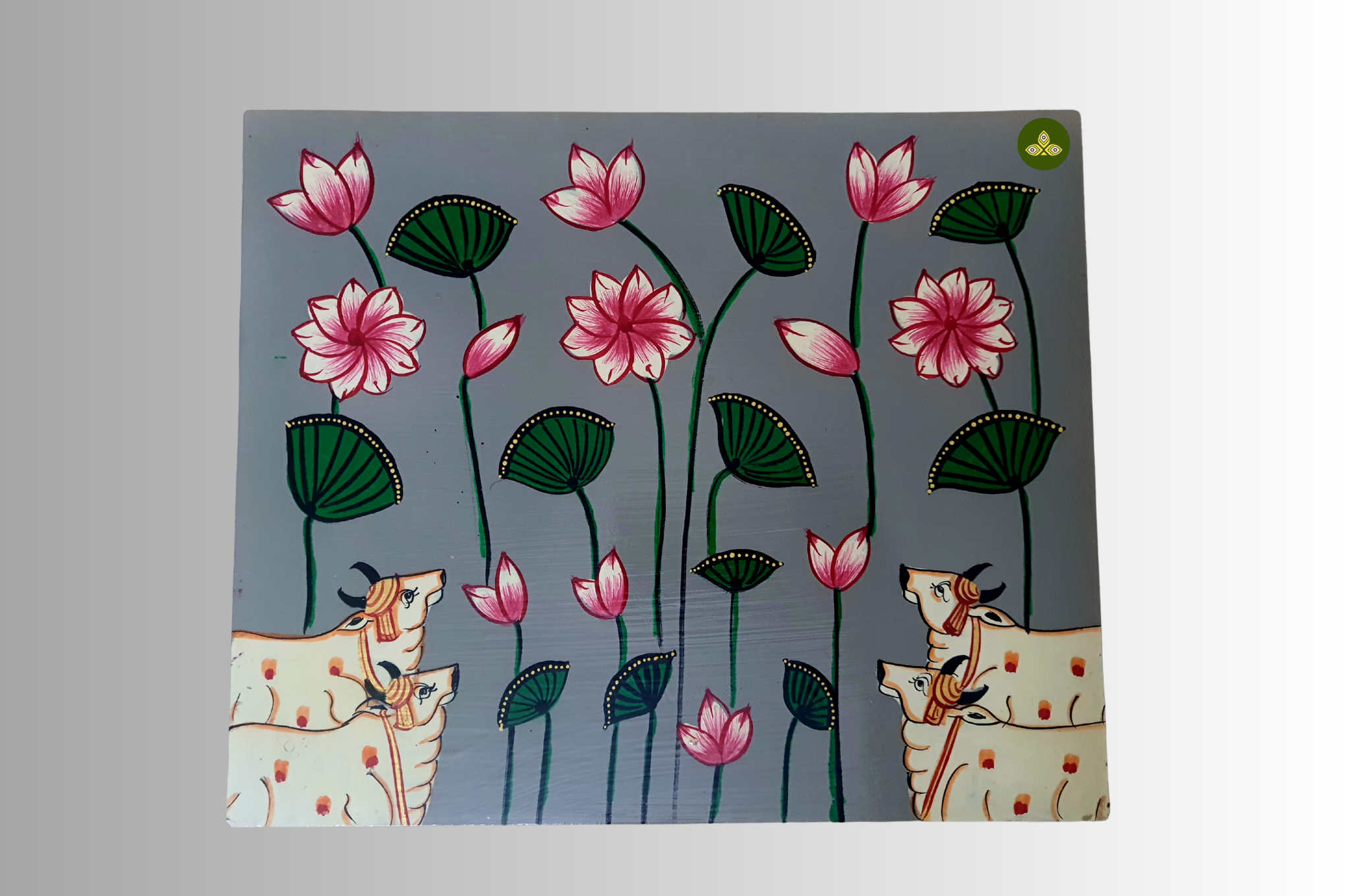 Hand Painted Rectangle Four Cow Lotus Pichwai Art Wooden Grey Color Storage Box