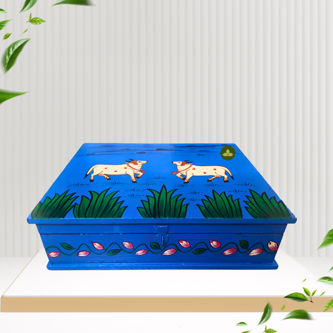 Hand Painted Rectangle Two Cow Pichwai Art Wooden Blue Color Storage Box