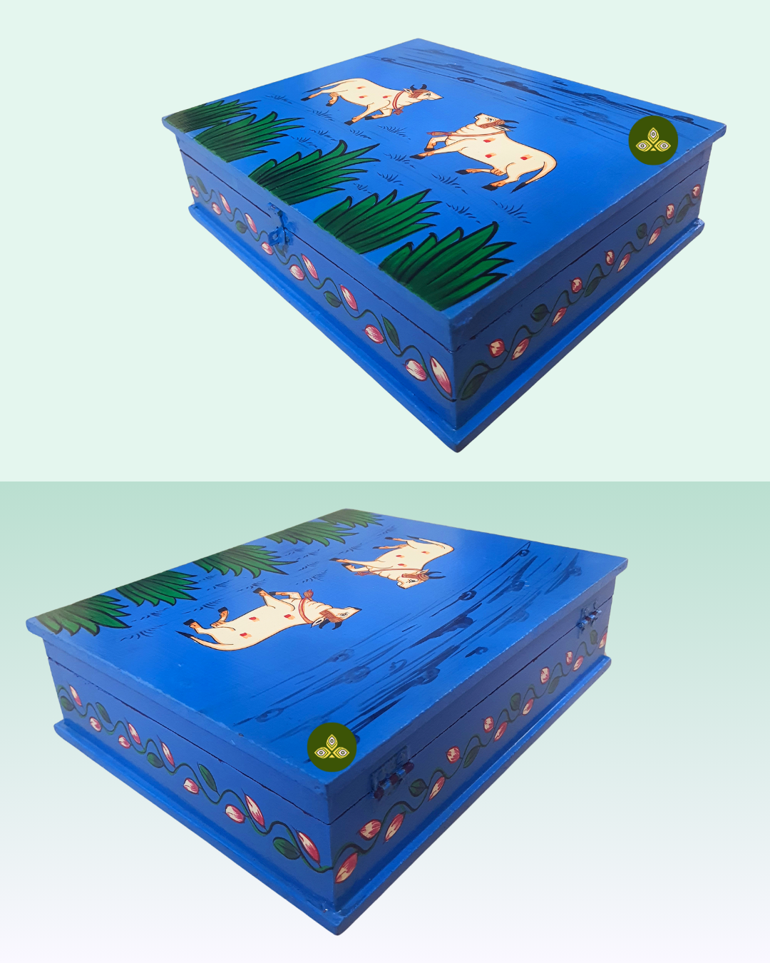 Hand Painted Rectangle Two Cow Pichwai Art Wooden Blue Color Storage Box