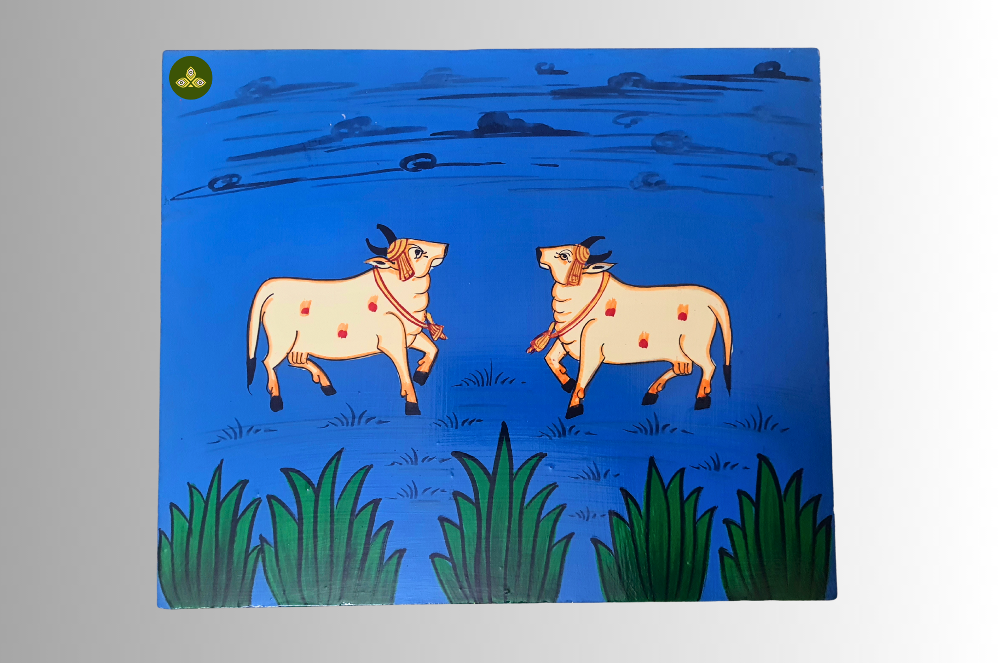 Hand Painted Rectangle Two Cow Pichwai Art Wooden Blue Color Storage Box