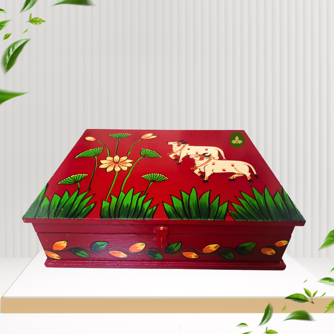 Hand Painted Rectangle Two Cow Pichwai Art Wooden Red Color Storage Box