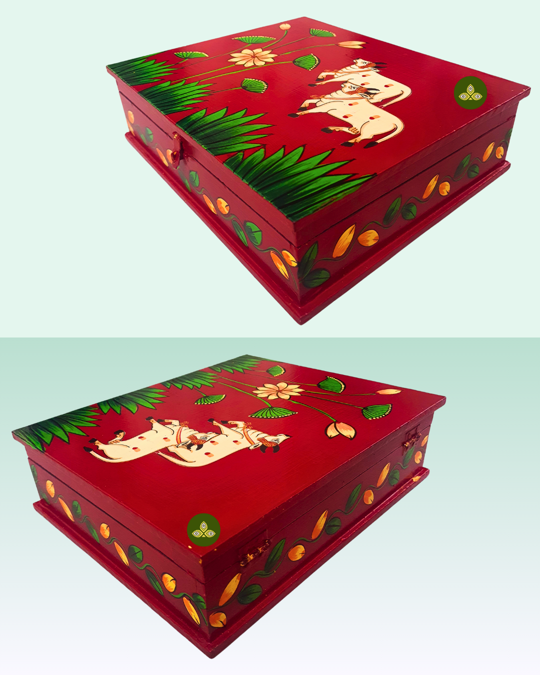 Hand Painted Rectangle Two Cow Pichwai Art Wooden Red Color Storage Box