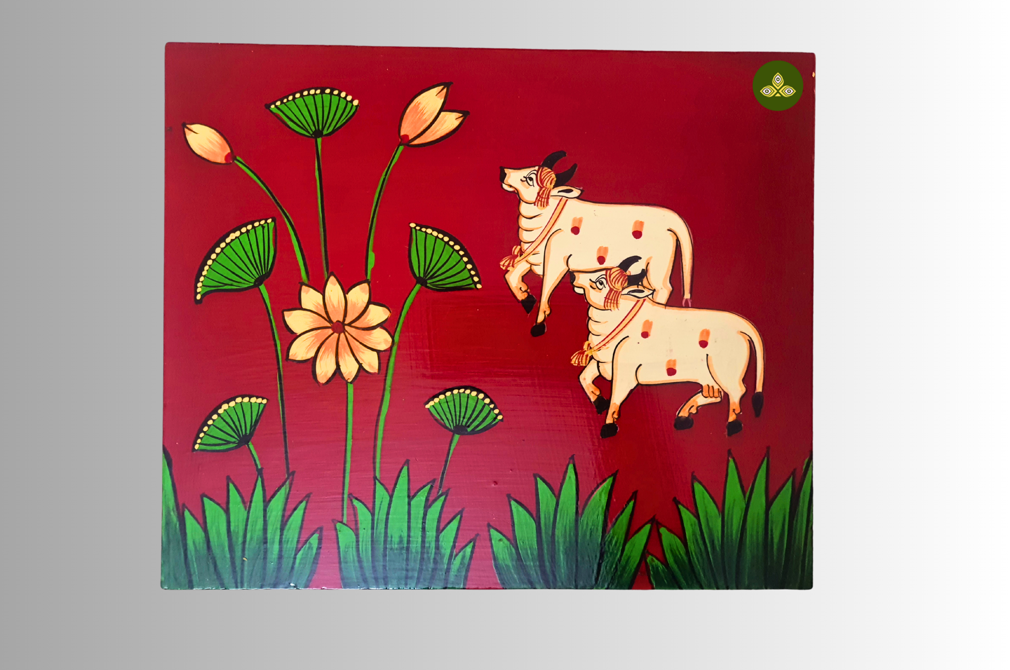 Hand Painted Rectangle Two Cow Pichwai Art Wooden Red Color Storage Box