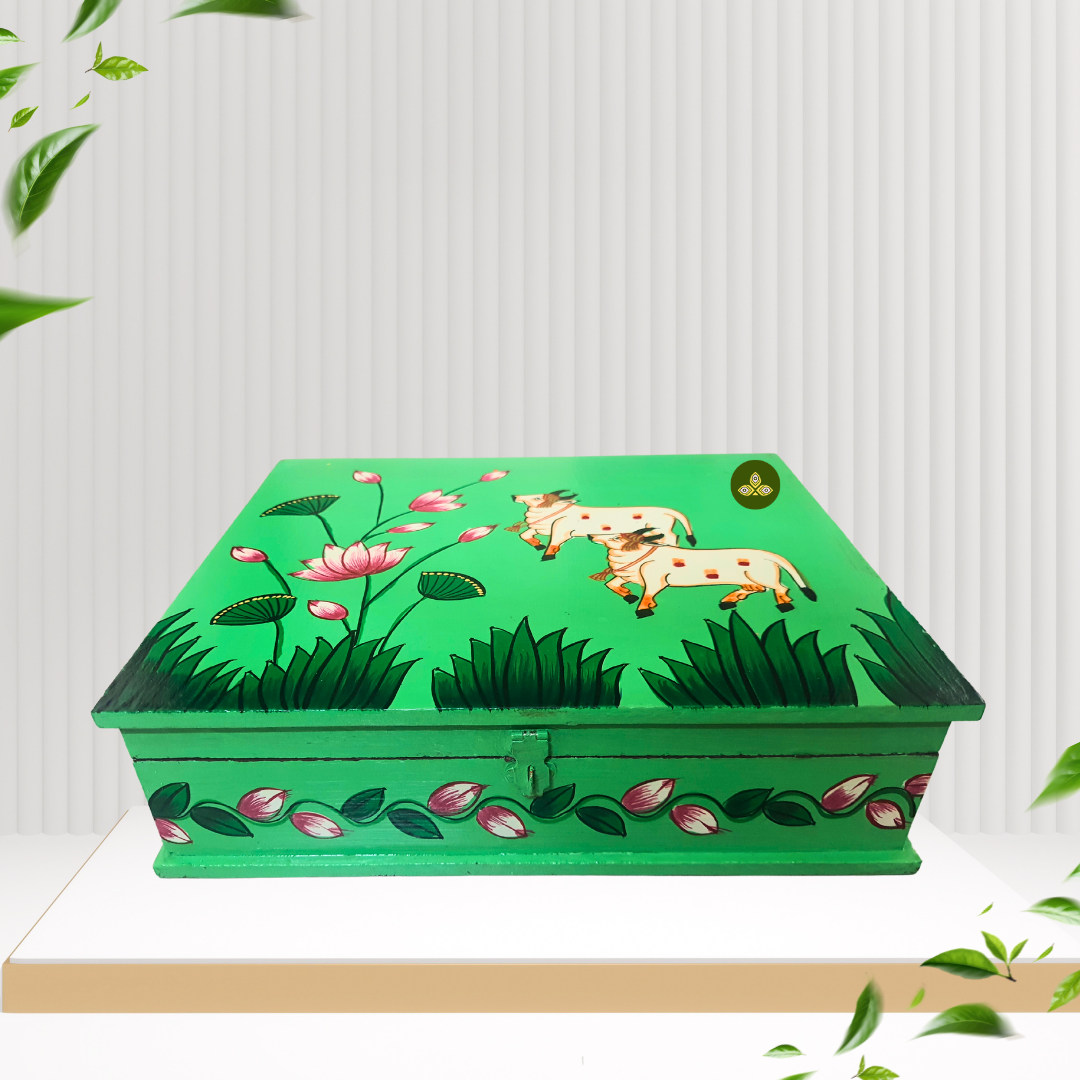 Hand Painted Rectangle Two Cow Pichwai Art Wooden Green Color Storage Box