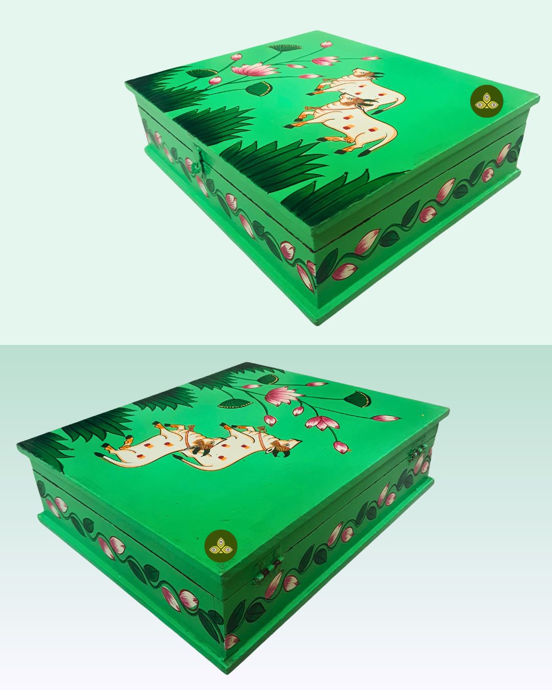 Hand Painted Rectangle Two Cow Pichwai Art Wooden Green Color Storage Box