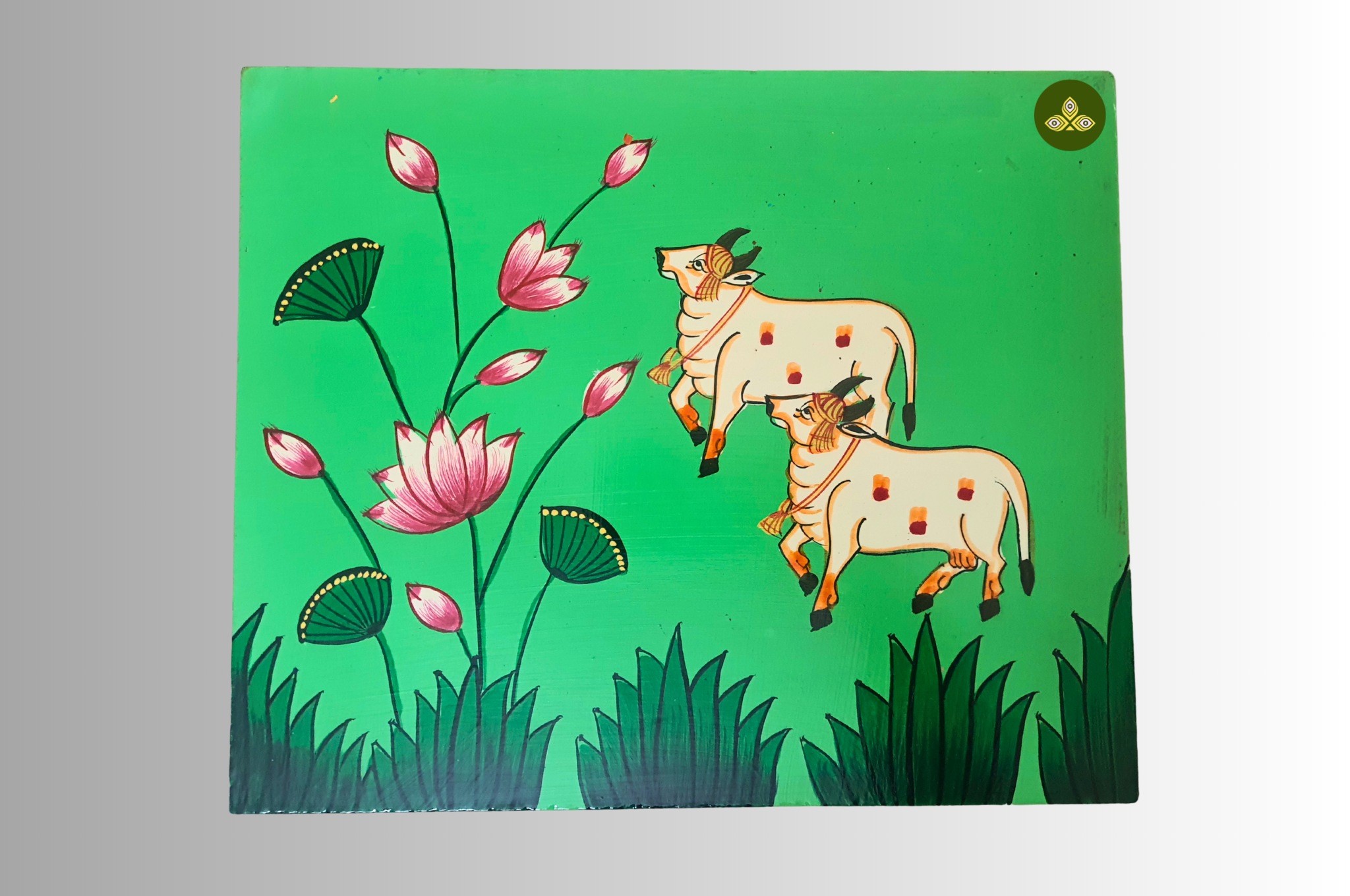 Hand Painted Rectangle Two Cow Pichwai Art Wooden Green Color Storage Box