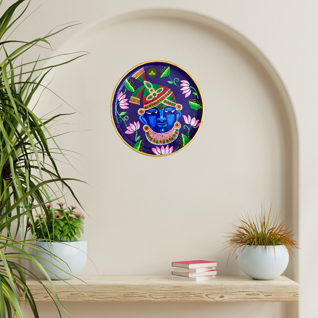 Hand Painted Wooden Shreenathji Mukharvind Pichwai Art Violet Color Wall Plate With Resin Layer