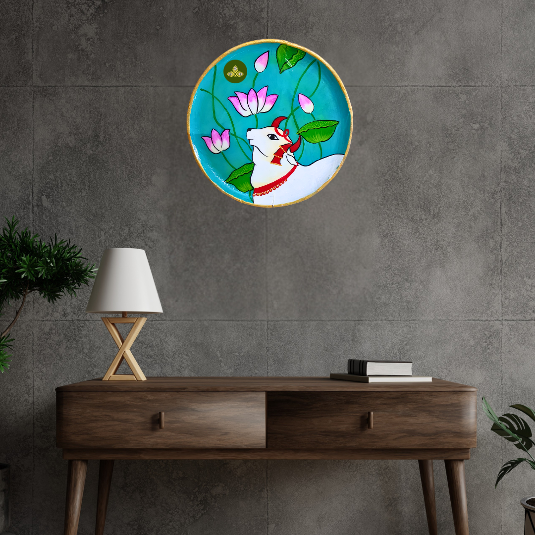 Hand Painted Wooden Kamdhenu Cow Pichwai Art Sky Blue Color Wall Plate With Resin Layer