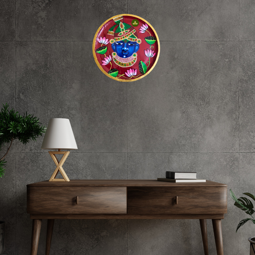 Hand Painted Wooden Shreenathji Mukharvind Pichwai Art Red Color Wall Plate With Resin Layer