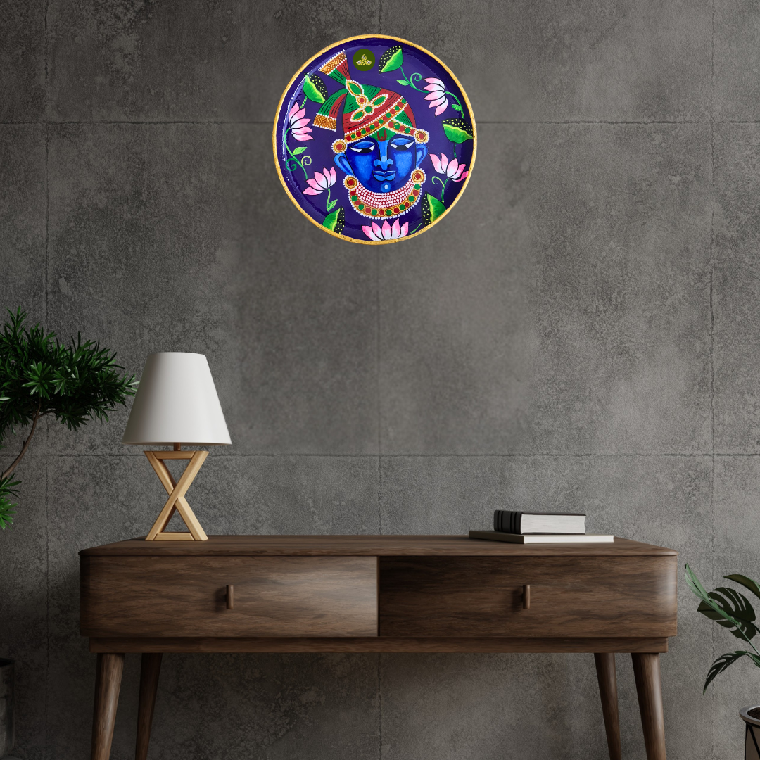 Hand Painted Wooden Shreenathji Mukharvind Pichwai Art Violet Color Wall Plate With Resin Layer
