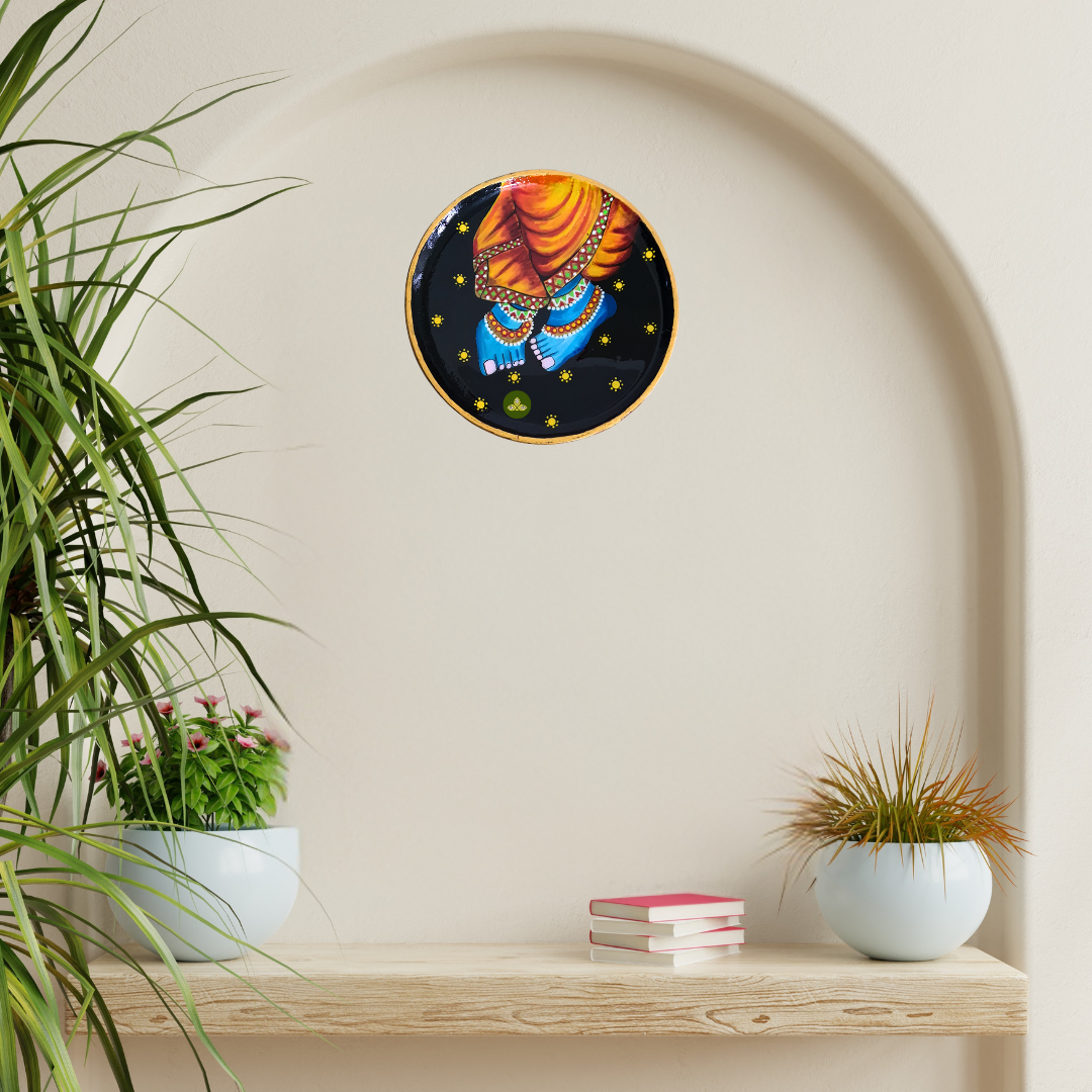 Hand Painted Wooden Krishna Charanvandan Pichwai Art Multi Color Wall Plate With Resin Layer