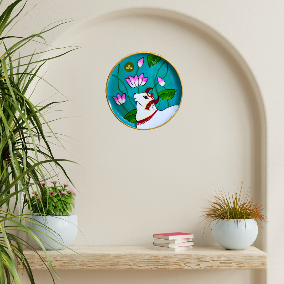 Hand Painted Wooden Kamdhenu Cow Pichwai Art Sky Blue Color Wall Plate With Resin Layer