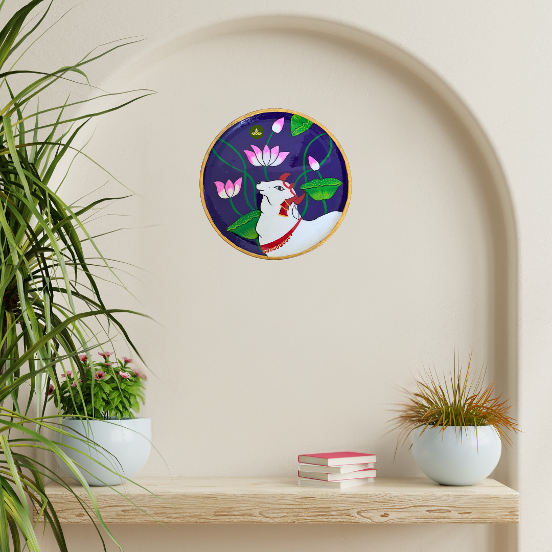 Hand Painted Wooden Kamdhenu Cow Pichwai Art Blue Color Wall Plate With Resin Layer