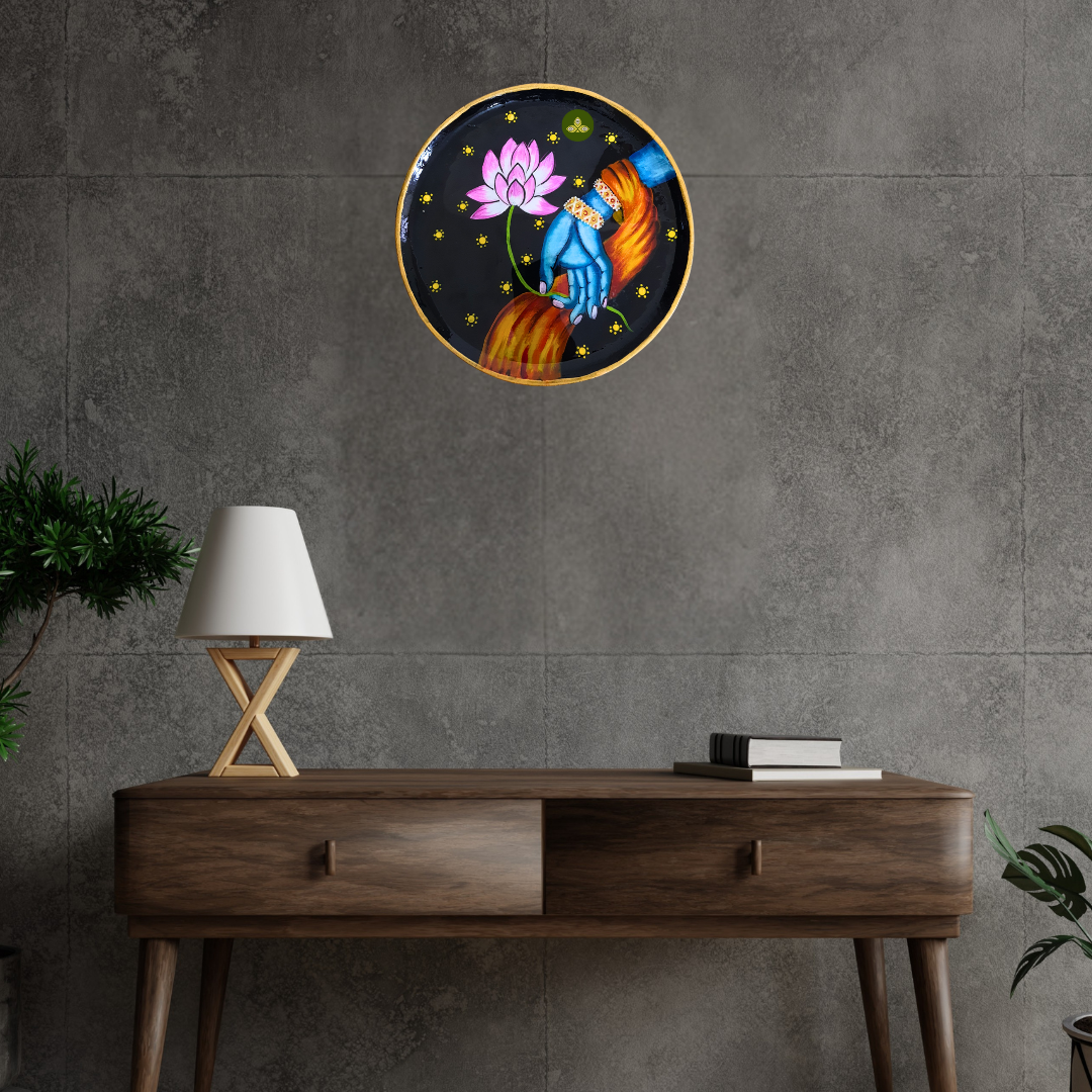 Hand Painted Wooden Lotus in Krishna Hand Pichwai Art Multi Color Wall Plate With Resin Layer