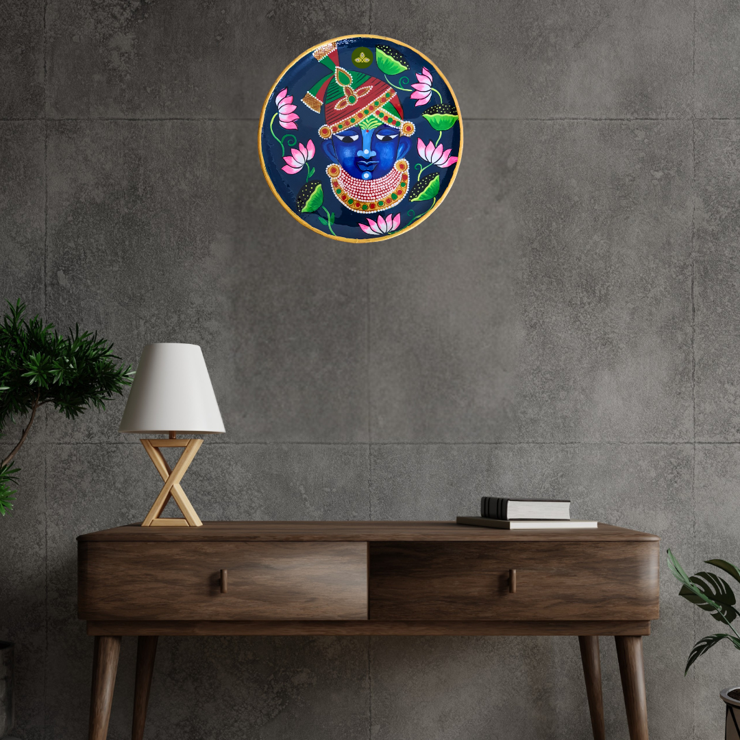 Hand Painted Wooden Shreenathji Mukharvind Pichwai Art Blue Color Wall Plate With Resin Layer