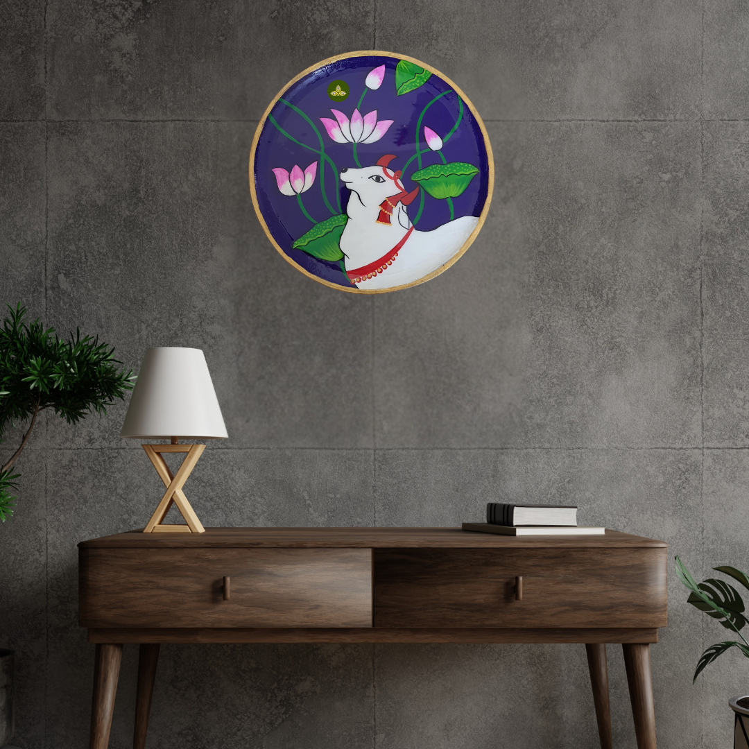 Hand Painted Wooden Kamdhenu Cow Pichwai Art Blue Color Wall Plate With Resin Layer