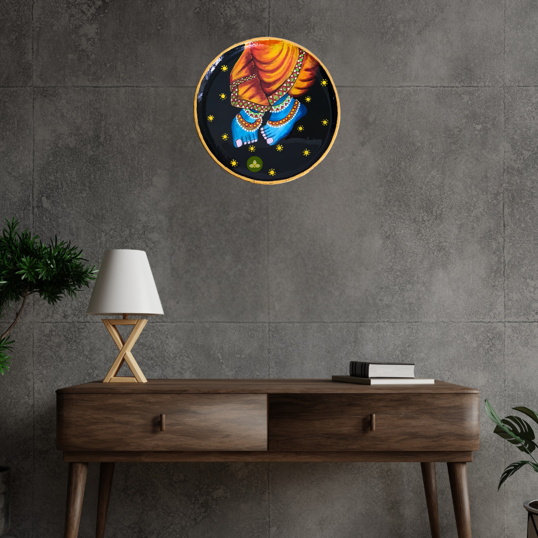 Hand Painted Wooden Krishna Charanvandan Pichwai Art Multi Color Wall Plate With Resin Layer