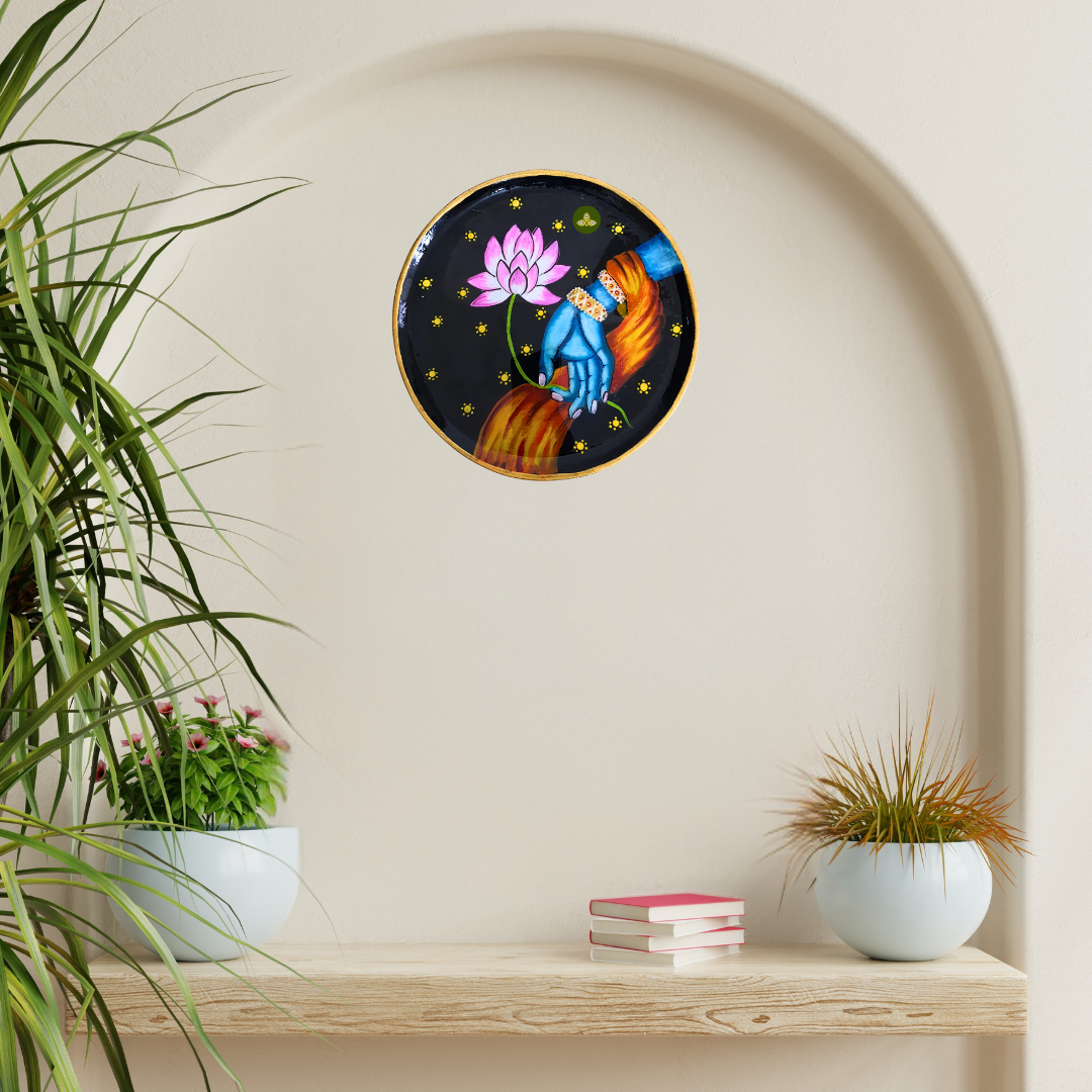 Hand Painted Wooden Lotus in Krishna Hand Pichwai Art Multi Color Wall Plate With Resin Layer