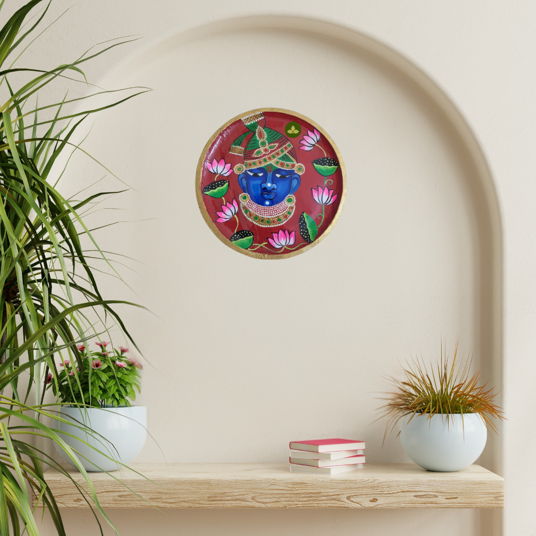 Hand Painted Wooden Shreenathji Mukharvind Pichwai Art Red Color Wall Plate With Resin Layer