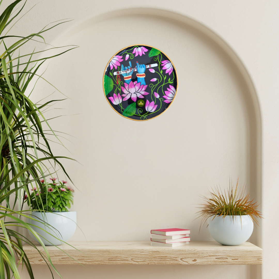 Hand Painted Wooden Flute in Krishna Hand Pichwai Art Multi Color Wall Plate With Resin Layer